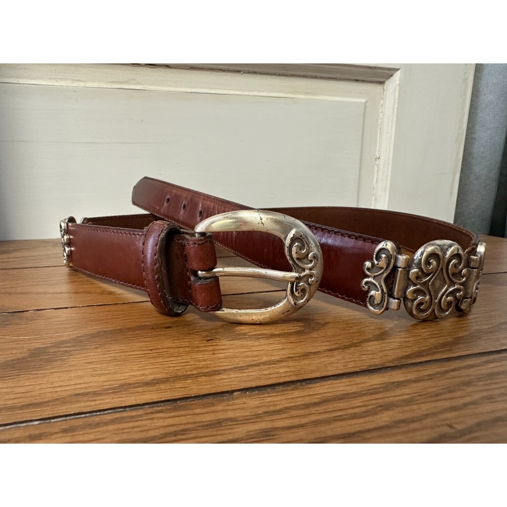 Vintage Fossil Brown Leather Womens‎ L Belt Metal Embossed Links Western Preppy